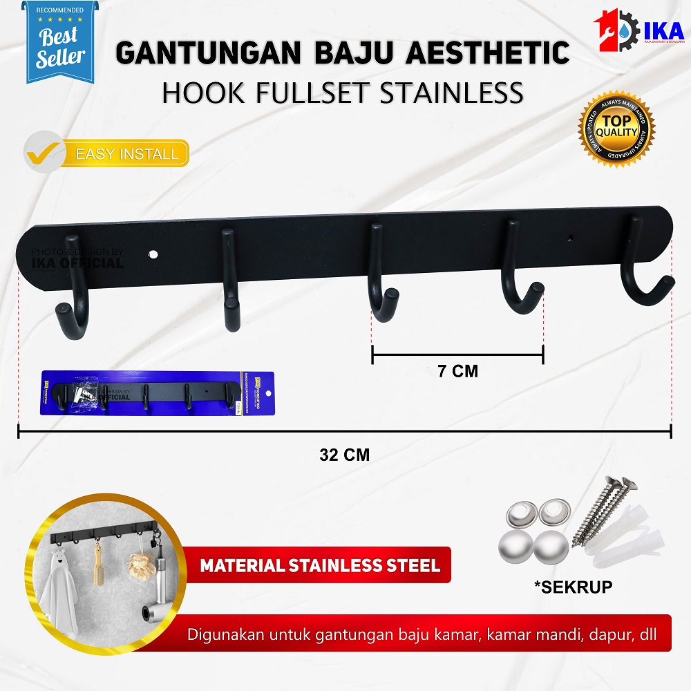 Gantungan Baju Kapstok Capstock 5 Kait Stainless Steel Hitam Hanger Baju Hitam - Gantungan Hook Baju