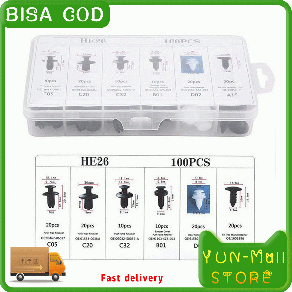 YUN Mall Baut Set Rivet Mur Klip Baut Plastik Body Dashboard Mobil Motor Universal 100 Pcs Pengencang Panel Mobil Baut Set Mobil