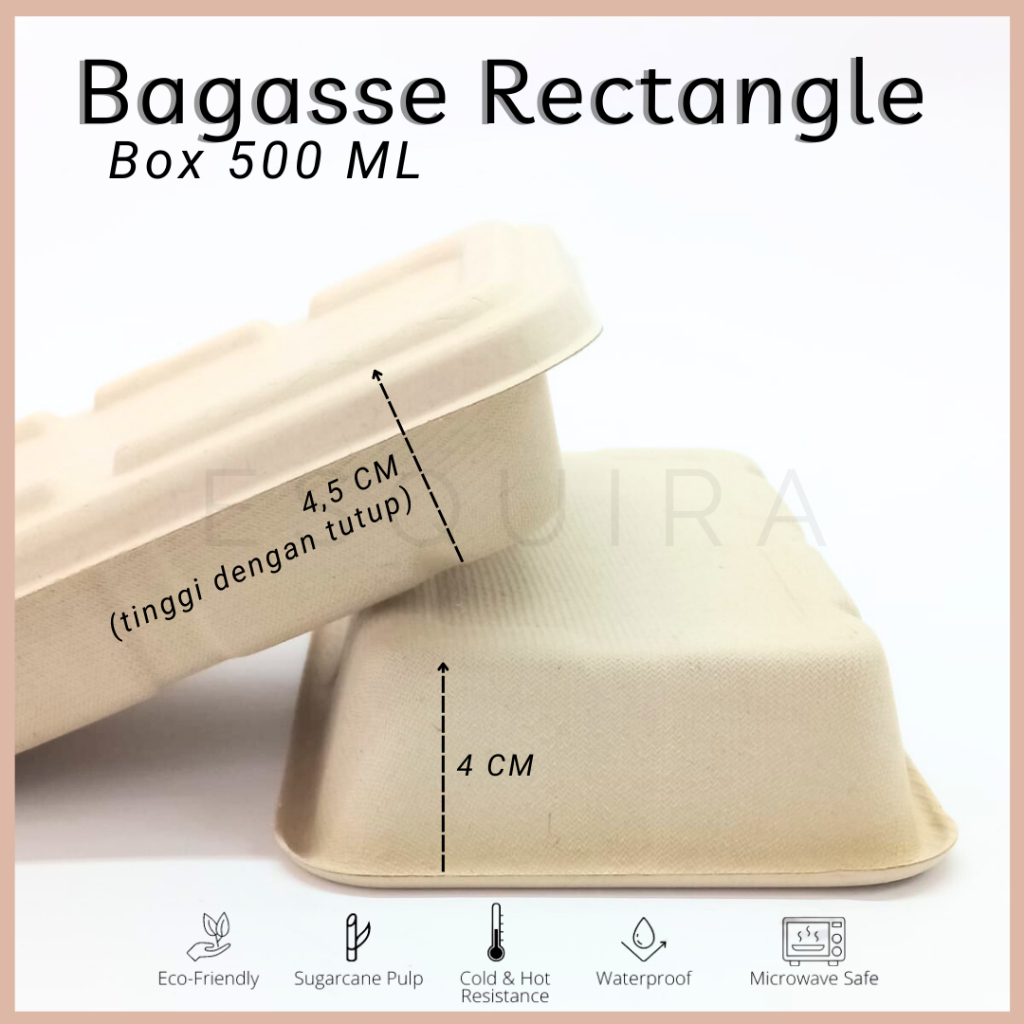 Bagasse Rectangle / Lunch Box 500 ML/Pulp Lid /Mika Lid /10 PCS/ C500,C500X