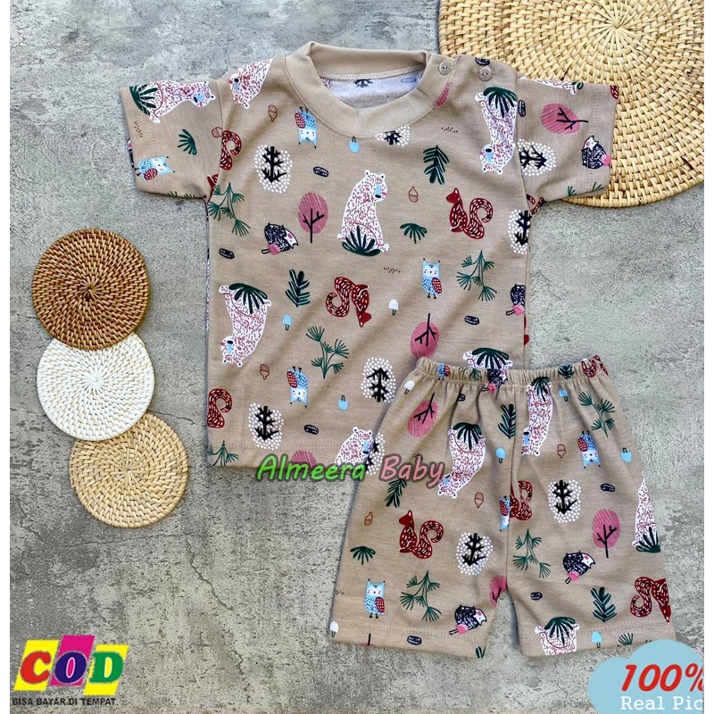 Setelan Baju Bayi Piyama Bayi Laki Laki Perempuan Lengan Pendek Motif Printing Tupai Usia 3-12 Bulan Almeera Baby and Kids