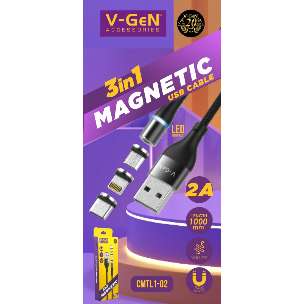 Kabel USB Magnetic 3 in 1 MicroUSB Type C V-GeN CMTL1-02 2A VGEN