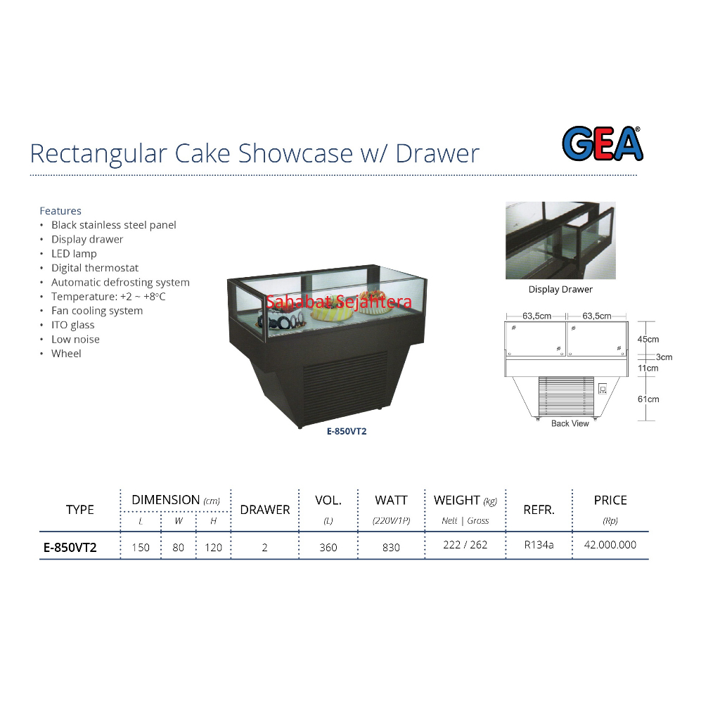 GEA Rectangular Cake Showcase With Drawer E-850VT2 Kabinet Display Pajangan Kue Stainless