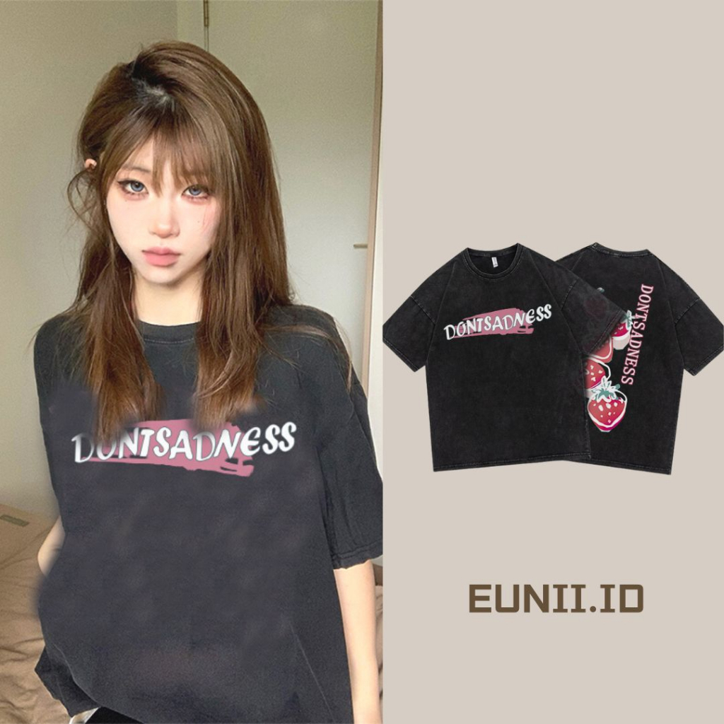 EUNII T-shirt Lengan Pendek Black Washed Cartoon Strawberry Ice Printing Korean Style/Kaos Atasan Wanita/Baju Wanita/Kaos Wanita