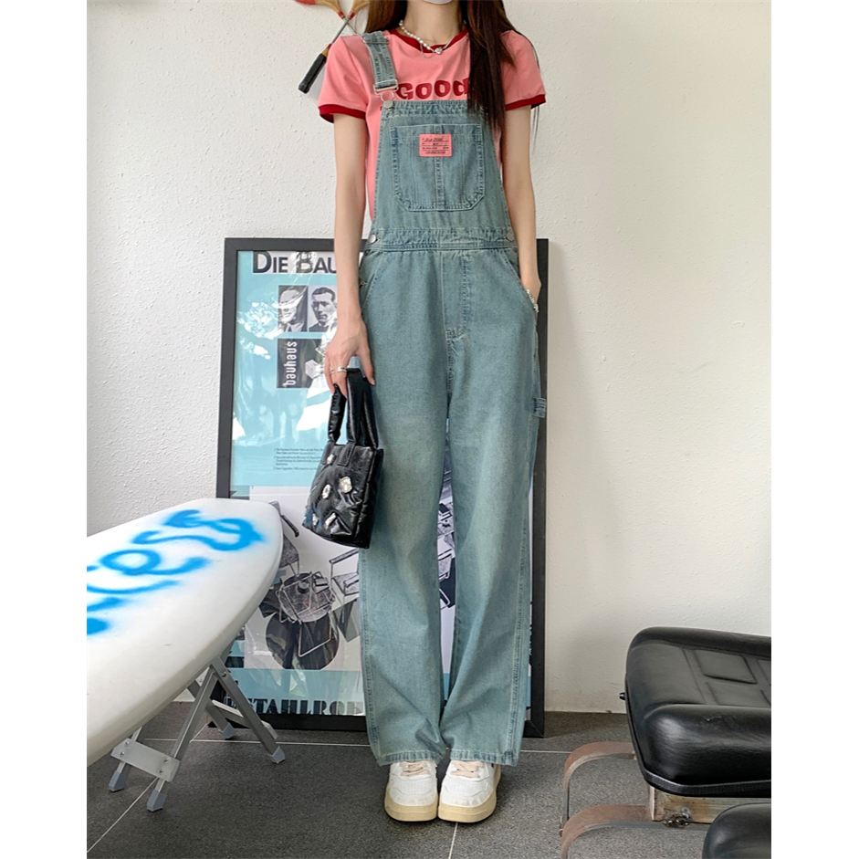 Biru retro Overall Jeans Wanita Celana Katak Gaya Korea yang Trendi