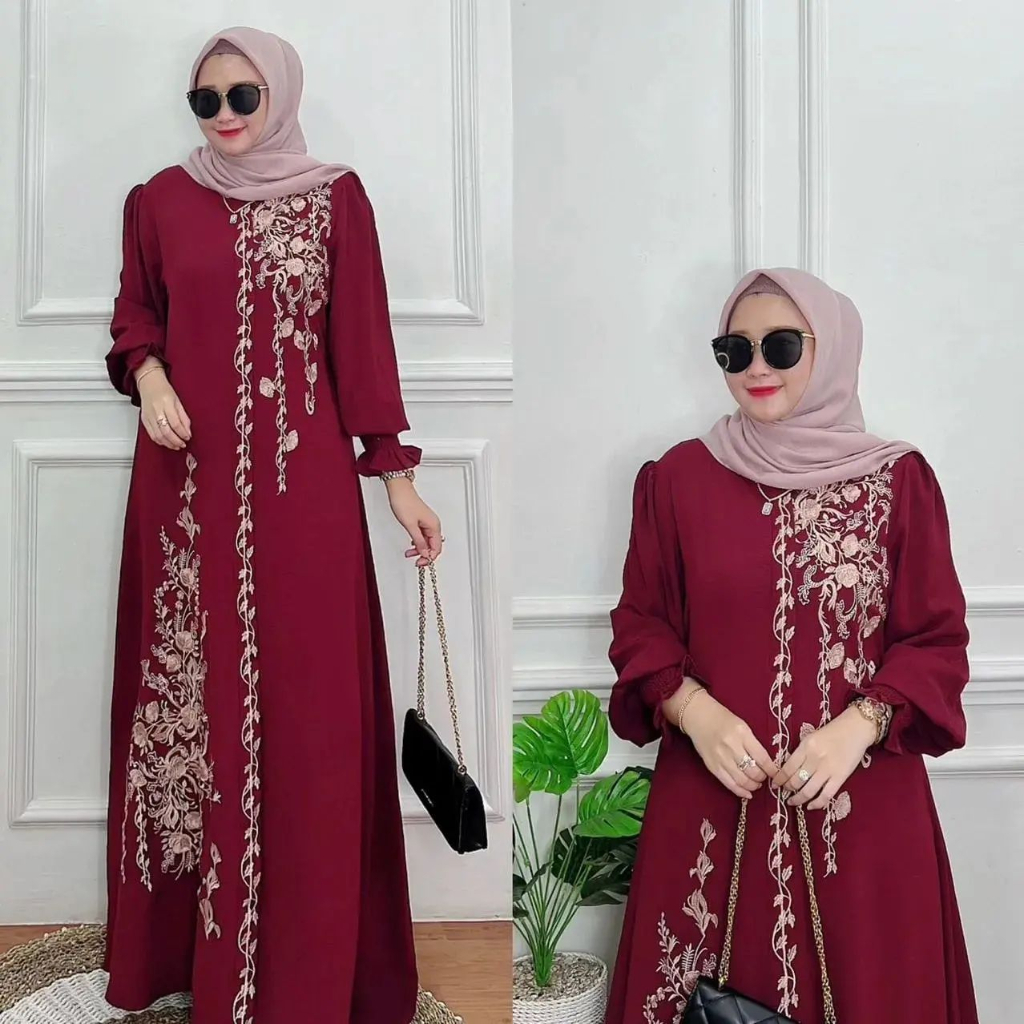 Gamis bordir naysila dress Gamis terbaru 2023 lebaran wanita Gamis adem serap keringat Gamis jumbo Gamis tangan balon