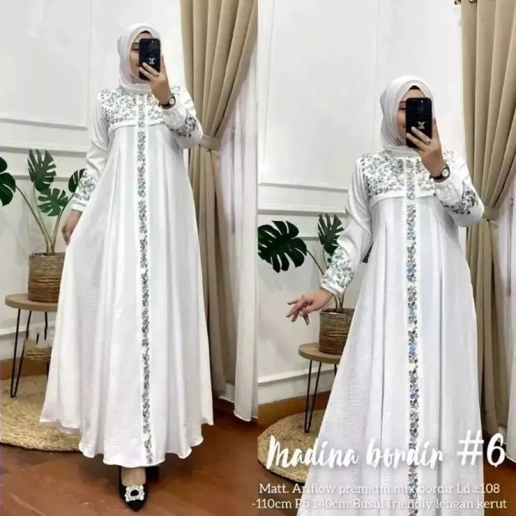 Gamis crinkle Madina bordir Gamis terbaru 2023 lebaran wanita Baju kondangan elegan fashion wanita muslimah