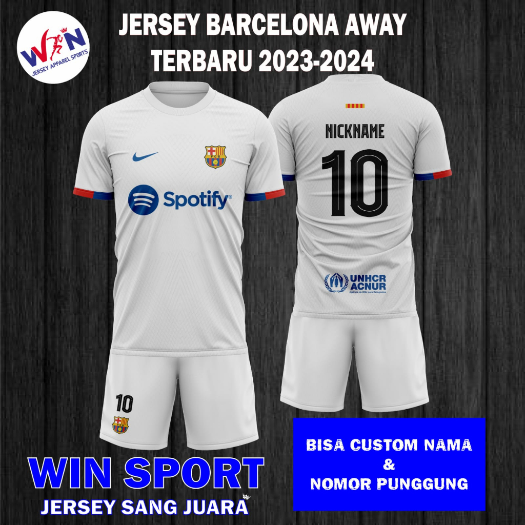 Setelan Sepak Bola Jersey Barca BARCELONA AWAY 2023 2024 Terbaru Liga Champions UEFA, Jersey Bola Desain Full Printing, Free Custom Nama dan Nomor Punggung, Tersedia Ukuran Dewasa dan Anak Jersey Messi anak