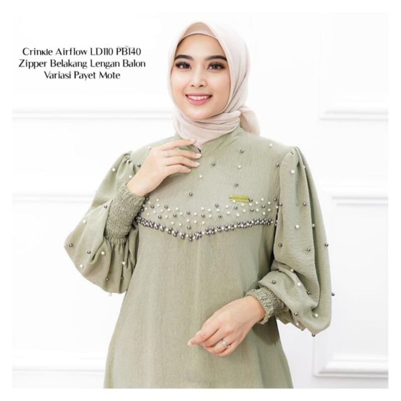 Dress Crinkle Airflow Tangan Balon Variasi Mote Payet