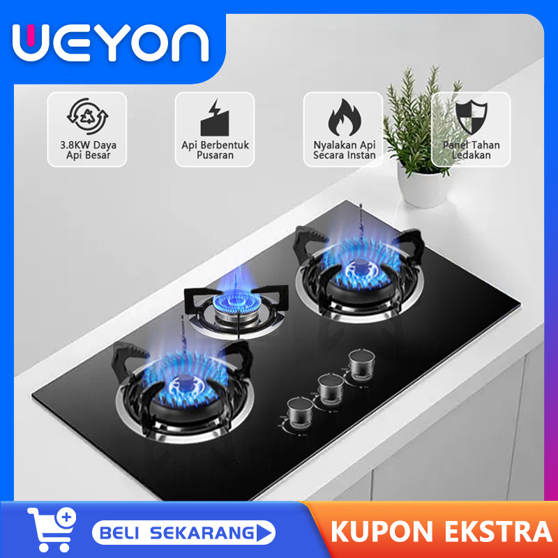 Weyon Official Kompor 3 Tungku Rumah Tangga Tertanam Panel Kaca Tempered Penyesuaian Gigi