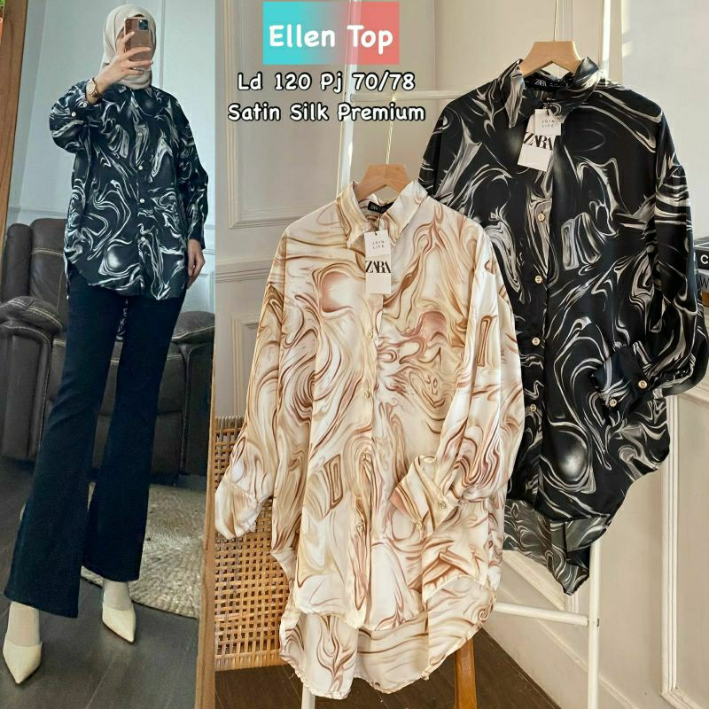 Ellen Zara Top, KEMEJA/BLOUSE/TOP JUMBO CANTIK MODIS FIT XXL LD 120 BAHAN SATIN SILK PREMIUM KANCING AKTIF TERMURAH OOTD KEKINIAN TERLARIS