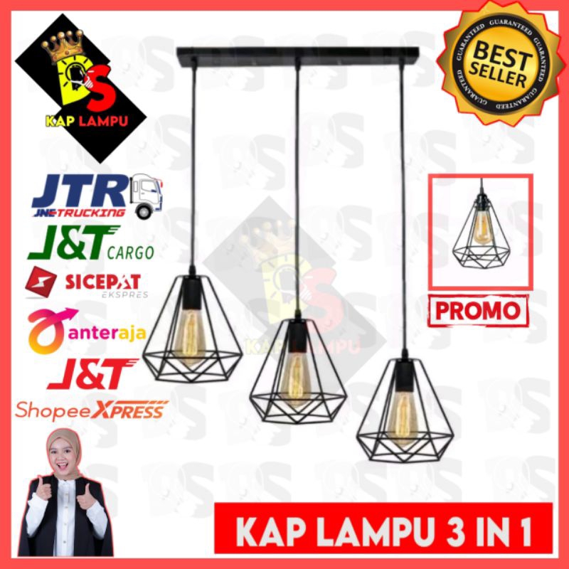 KAP LAMPU HIAS GANTUNG 3 IN 1 BESI VINTAGE