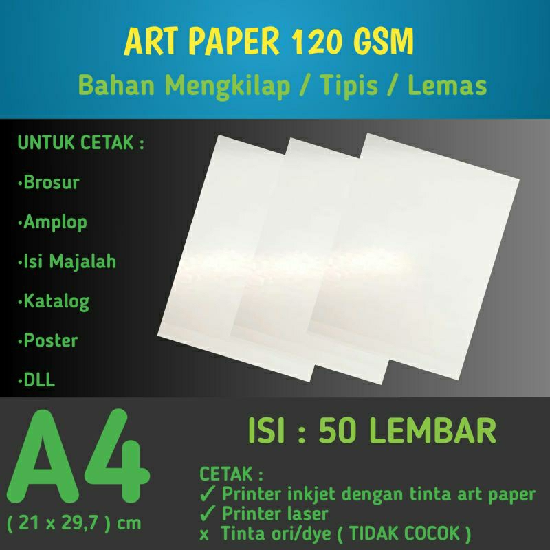 

Art Paper 120 GSM A4 isi 50 Lembar / Kertas Bahan Brosur / isi Majalah Glossy Mengkilap 120 gram