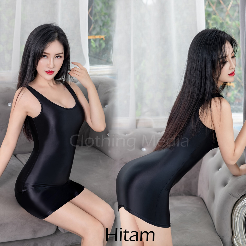 Baju Silky Mini Dress Wanita Tipis Tanpa Lengan Halus Elastis Transparan
