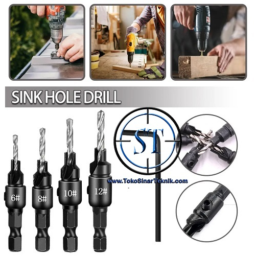 Mata Bor Countersink HSS Drill Bit Set Isi 4 No 6-12 Kayu Plastik Alumunium