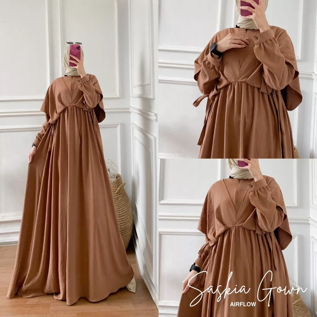 SASKIA GOWN S M L XL XXL XXXL 5L Gamis Dress Wanita Jumbo Ld 120 130 140 Bahan Airflow Crinkle Terbaru 2023