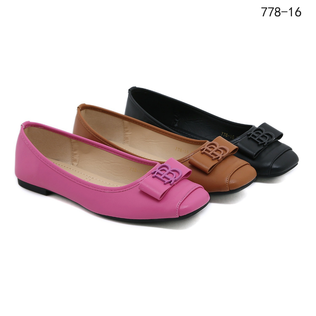 BO 778-16 Leather BB-Logo Bow Flat Heel Shoes