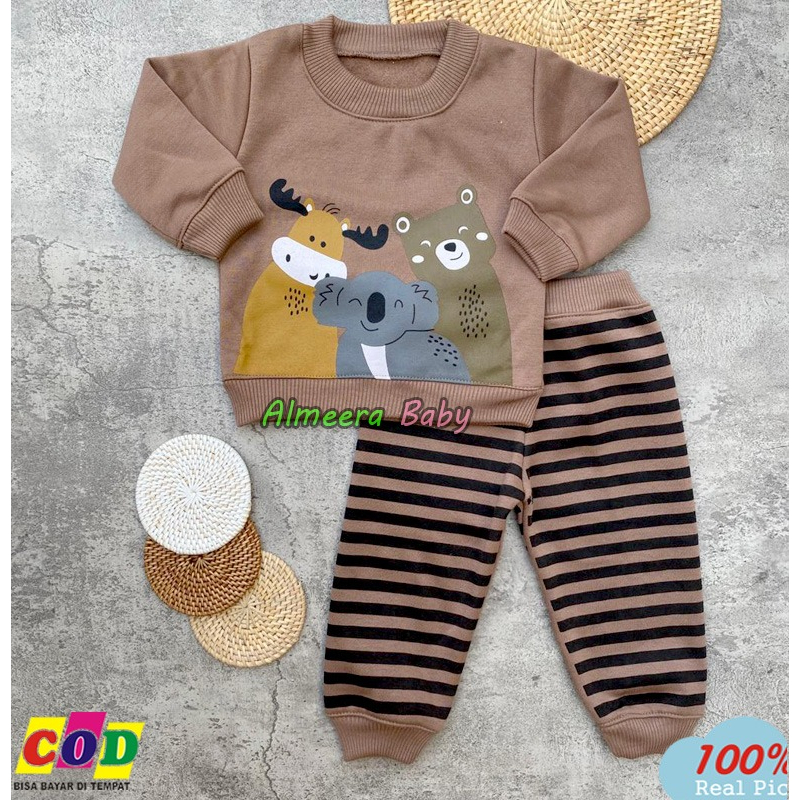 Setelan Baju Bayi Setelan Sweater Celana Joger Motif Animal Bahan Katun Fleece Usia 3-12 Bulan Almeera Baby and Kids