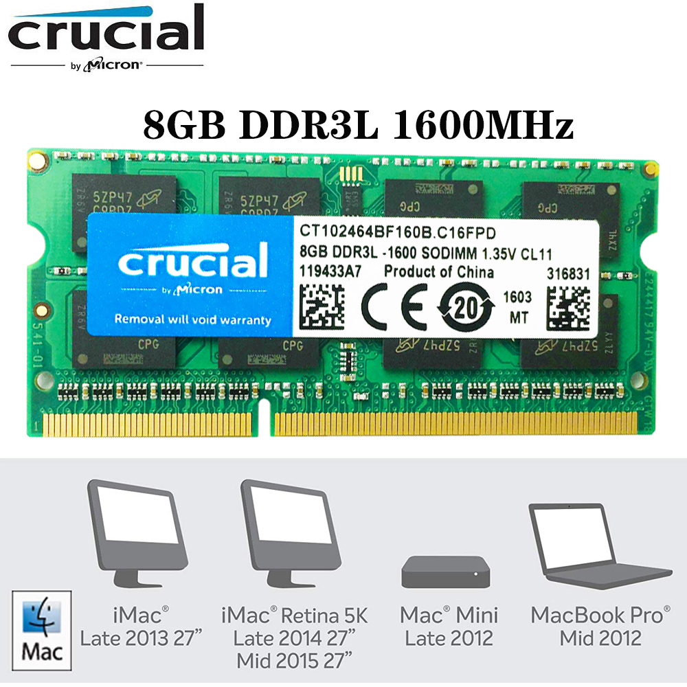 Crucial DDR3L RAM 4GB 8GB 1600Mhz 1.35v SODIMM Laptop Memory Computer Accessories For Mac Book Pro E