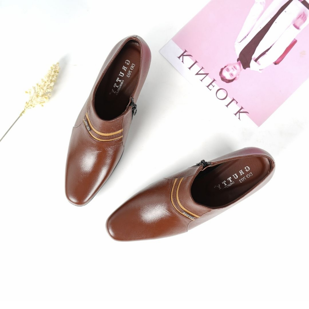 Sepatu Wanita Pantofel Boots 5cm PDH Polwan Pns Kerja Kulit Asli Coklat