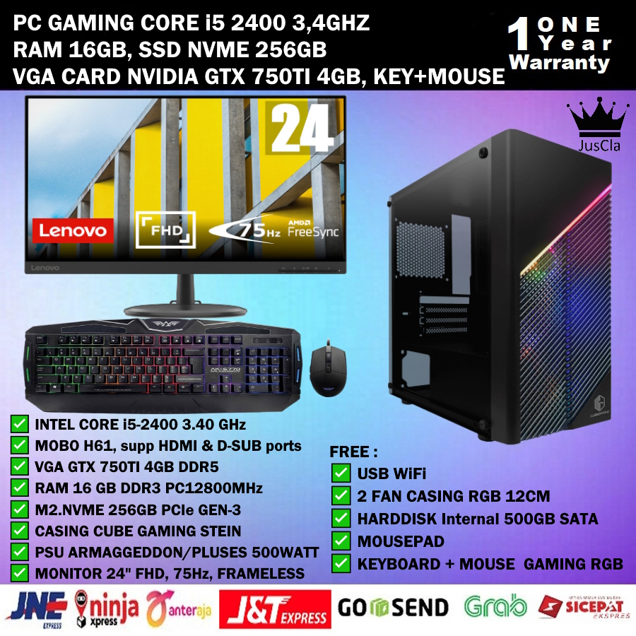 PC GAMING FULLSET INTEL CORE i5-2400 3,4GHz|RAM 16GB|SSD NVME 256GB|NVIDIA GTX 750TI 4GB|HDD 500GB|KEYBOARD+MOUSE GAMING|USB WIFI