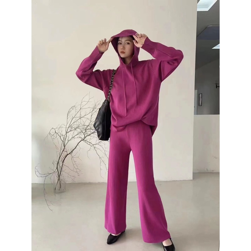 Cameo Set Knit Simple Stretch Setelan Bangkok Polos Basic Panjang Hijab Hoodie Pants Long Black Brow