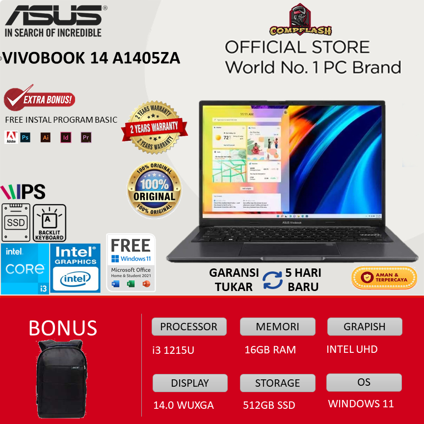 LAPTOP ASUS VIVOBOOK 14 A1405ZA VIPS351 I3 1215U  RAM 16GB 512SSD WINDOWS 11 14.0 WUXGA VIPS