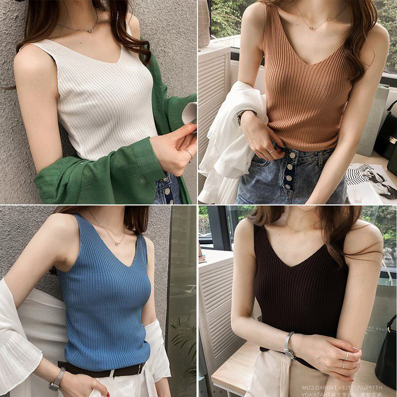 Tank top Wanita Polos V-neck (T109)/ Tanktop Rajut Import 100%