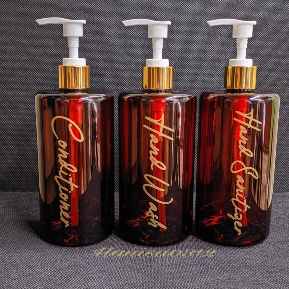 BOTOL REFIL SABUN 500ML WARNA AMBER COKLAT PUMP GOLD LOTION FREE STIKER CUTTING GOLD AESTHET / BOTOL SABUN CAIR PUMPIC