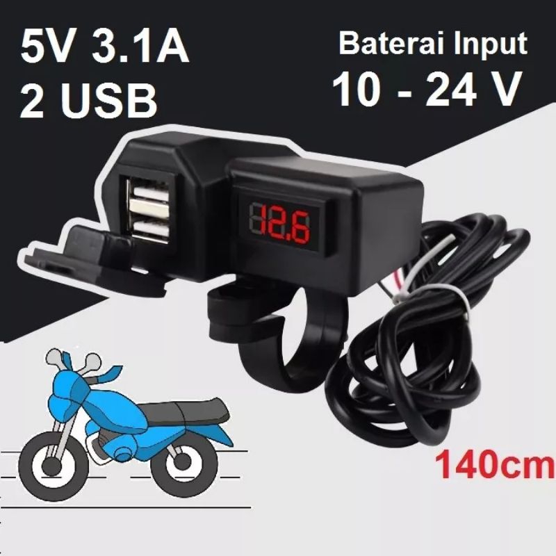 Voltmeter Digital Cas Handphone Motor 2 USB 3.1A // Motorcycle Digital Voltmeter Charger