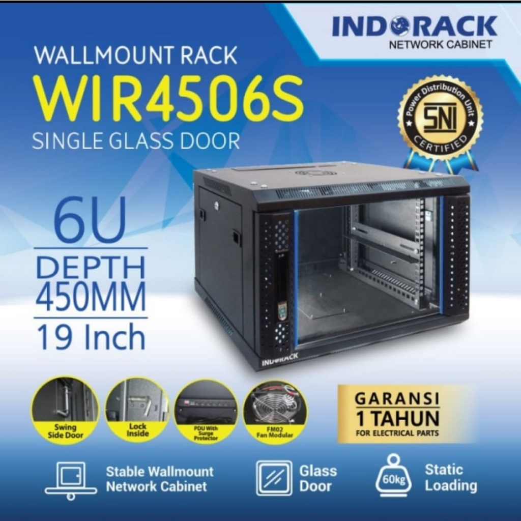 WIR4506S 6U Wallmount Rack Depth 450mm Single Door 19&quot; INDORACK WIR4506S 6U