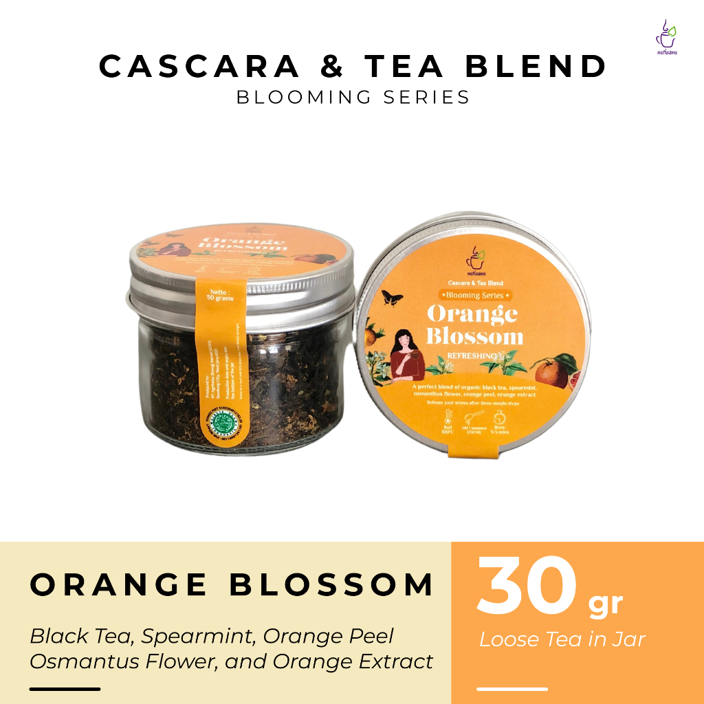 

Netisane Orange Blossom Jar | Seimbangkan Hormon, Atasi PCOS, Tingkatkan Fokus | (Black Tea, Spearmint, Osmanthus Flower, Orange Peel, dan Orange Extract) | Netisane Cascara Blend Blooming Series | Artisan Tea / Teh Herbal | (Loose tea in jar)