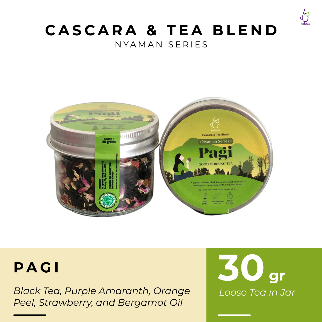 

Netisane Pagi (Black Tea, Orange Peel, Strawberry, Lemongrass, Purple Amaranth, dan Bergamot Extract) | Netisane Cascara Blend Nyaman Series | Artisan Tea / Teh Herbal | (Loose tea in jar)