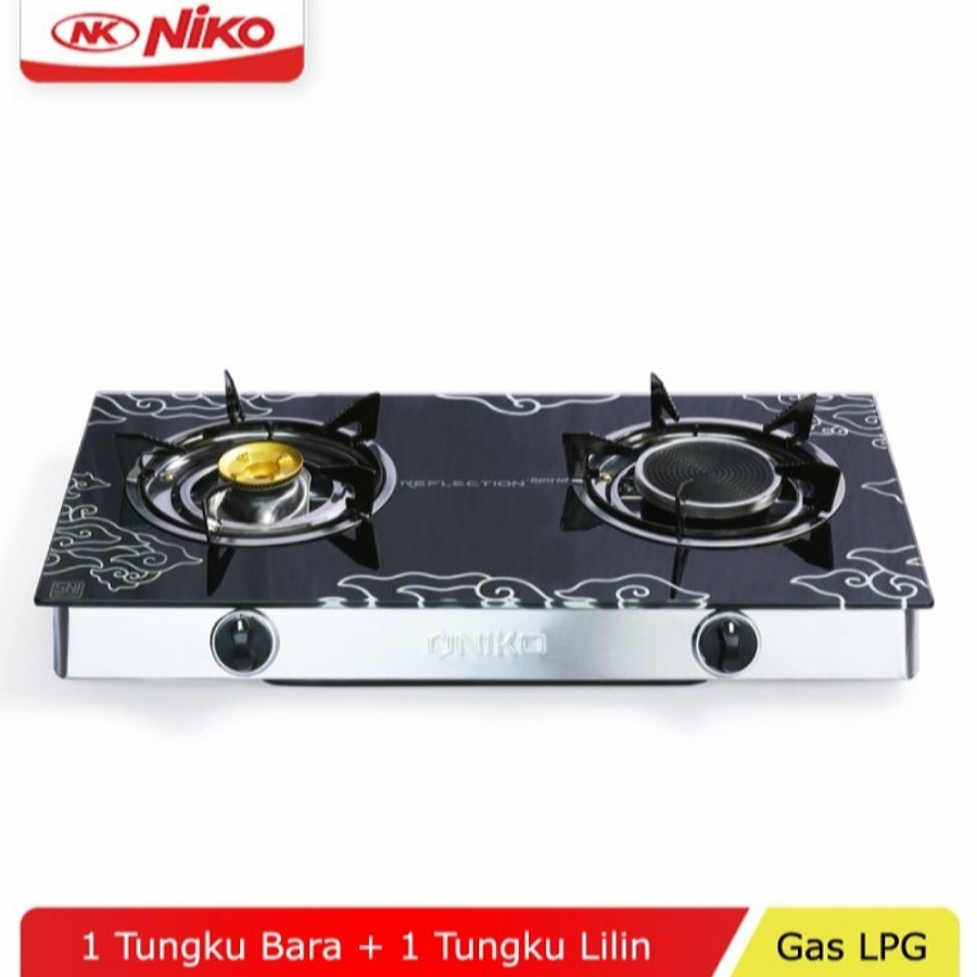 Kompor Gas Kaca NIKO HYBRID 2 Tungku Mix Bara - API BIRU KOKOH BODI MEWAH GRATIS SLANG PAKET REGULATOR BERGARANSI RESMI