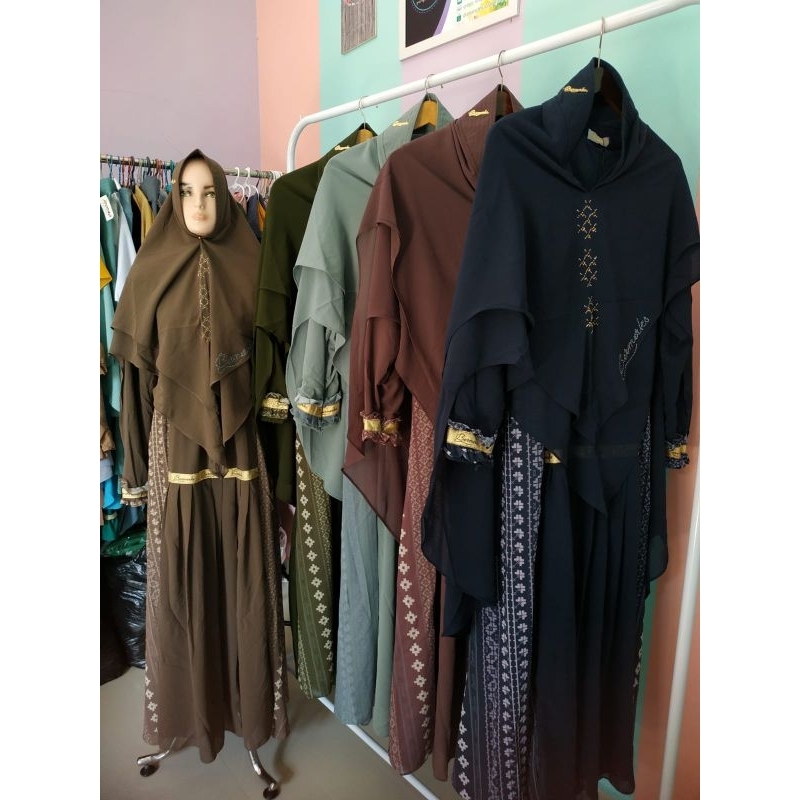 Gamis ceruty babydoll set Khimar Kanaya bermerks Zemima Alesa Permata motif printing Salur Berlian hijab syari Seruti ultimate grosir