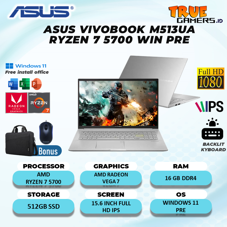 Laptop Asus Vivobook M513ua Amd Ryzen 7 5700 16gb 512gbssd vega7 win11pro 15,6 fhd ips