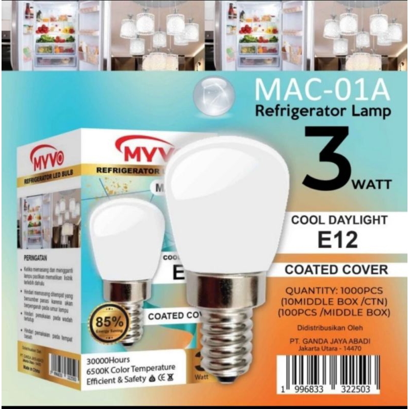 Lampu bohlam kulkas led Myvo E12 MAC-01A cahaya putih