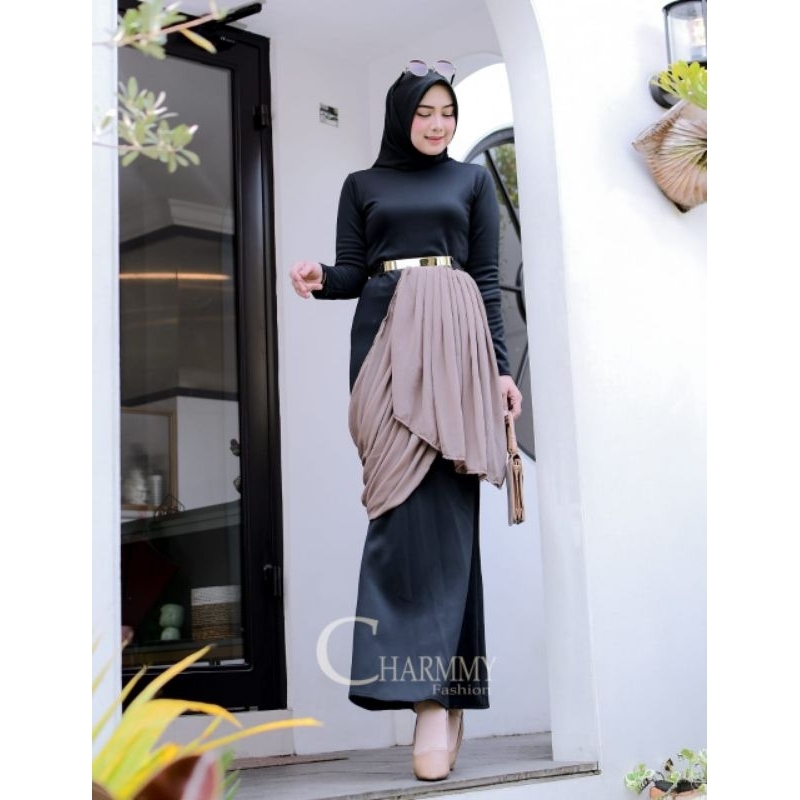 Long Dress Athena Gamis Titanium Scuba Combi Baby Doll Baju Kondangan 70751 Belt Dijual Terpisah