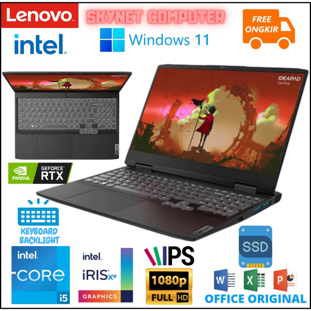 LENOVO IDEAPAD GAMING 3 15IAH7 INTEL CORE i5 12450H RAM16GB SSD512GB RTX3050 WINDOWS 11 DAN OFFICE ORIGINAL