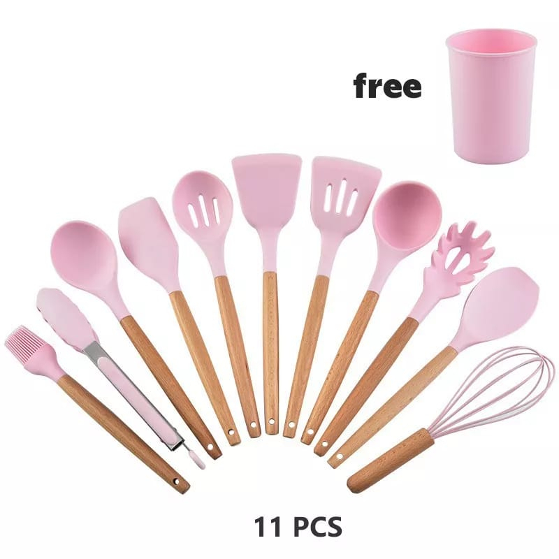 Silicone Utensil 11 PCS + WADAH  spatula peralatan masak sutil pegangan kayu