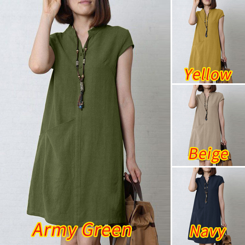 ZANZEA Casual Short Sleeve V Neck Pockets Button Down Front Vintage Loose Mini Dress