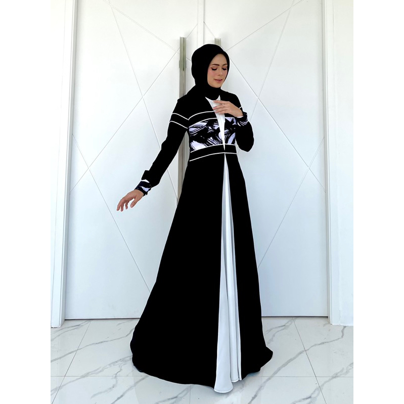 Dress Nayla Hitam putih Original Zai Muslim Wear