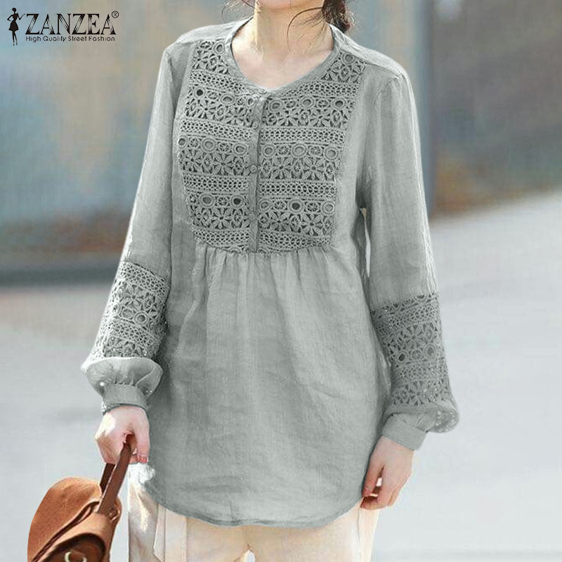 ZANZEA Women Buttons O Neck Long Sleeve Tunic Blouse Floral Lace Crochet Patchwork Tops
