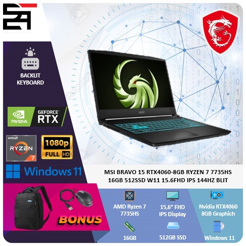 MSI Bravo 15 RTX4060-8GB Ryzen 7 7735HS 16GB 512GB SSD W11 15.6 Inchi FHD IPS 144Hz Blit