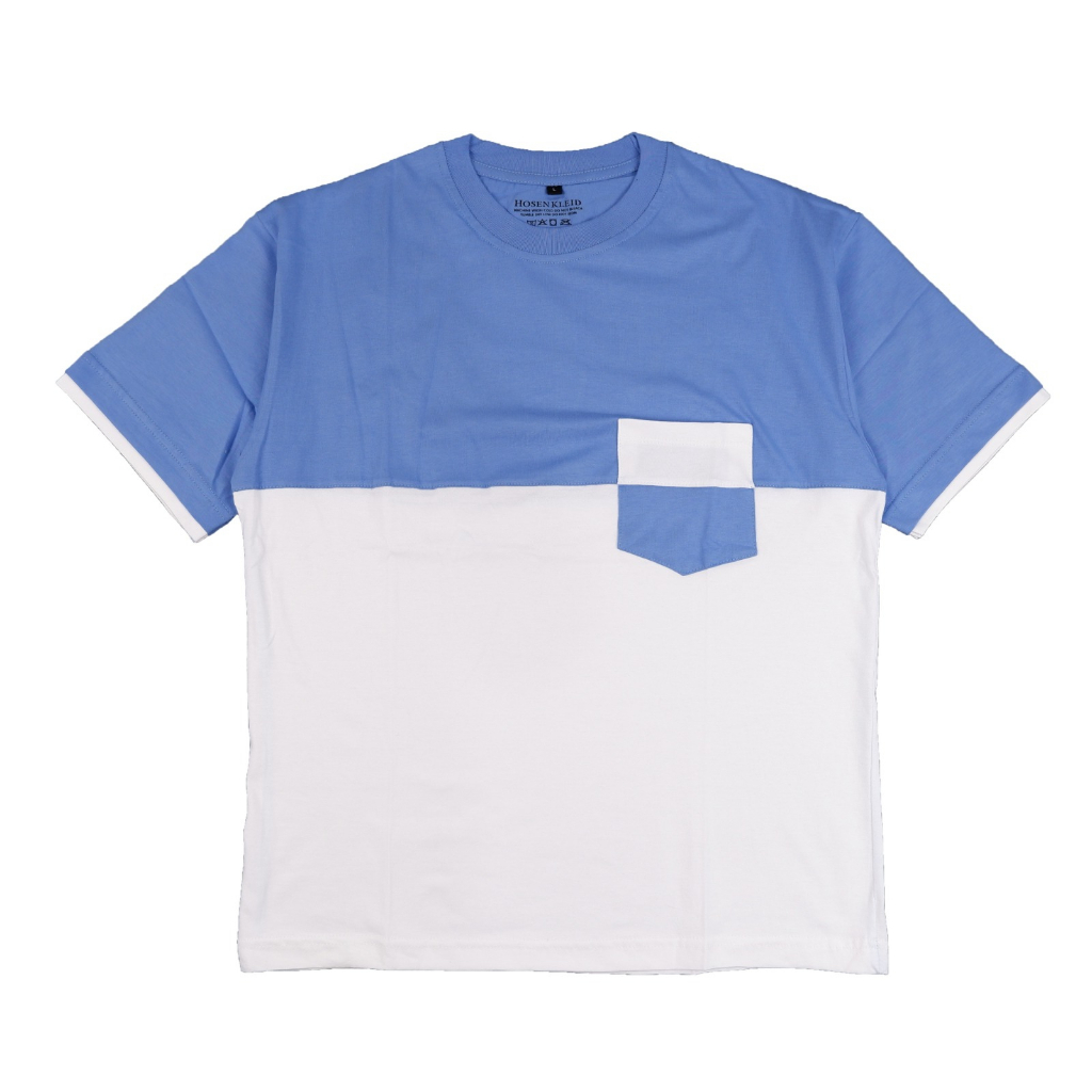HosenKleid Oversized T-shirt Two Tone Combination Blue White Pocket Style Cotton Combed 24s Pria dan Wanita