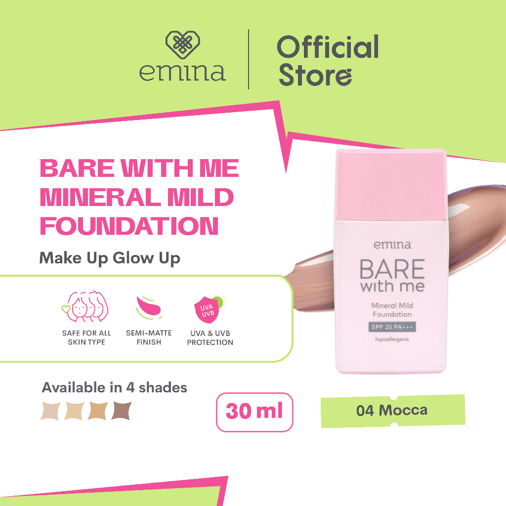 EMINA Bare With Me Mineral Mild Foundation Indonesia / 30ml / SPF 25 PA+++ Hypoallergenic / Safe For All Skin Type / Semi Matte Finish UVA UVB Protection / Shade 01 Light 02 Natural 03 Caramel 04 Mocca / Cosmetic Face Makeup Series / Loose Compact Powder