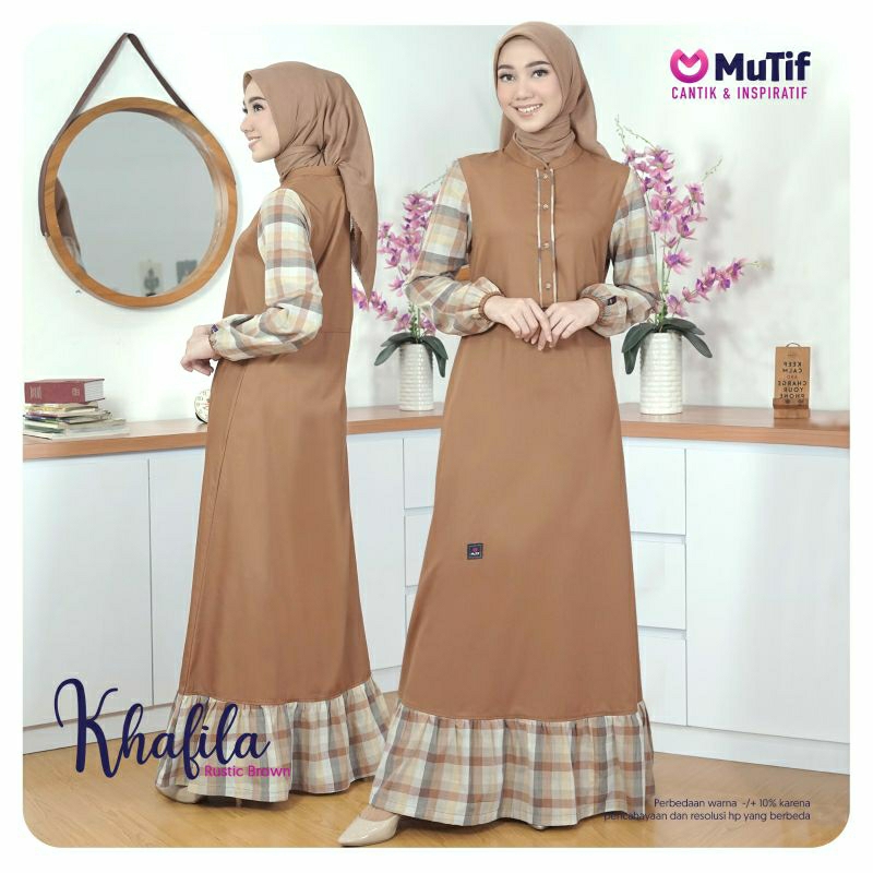 Mutif Khafila Rustic Brown Plaid Baju Muslim Gamis Dress Casual Premium Terbaru Ori Lebaran 2023 Sarimbit