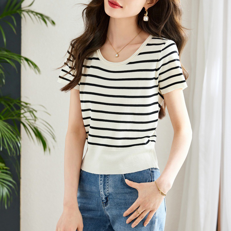 【Elegant】Tshirts O-Neck Striped Shirts Basic Short Top 2108