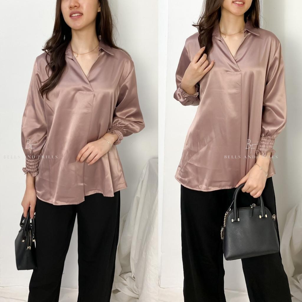 [PART 2 SATIN] KARA Blouse V Neck / Blus Kerah Kerja / Atasan Wanita Kantor / Kemeja Kerah V Formal 0319-A