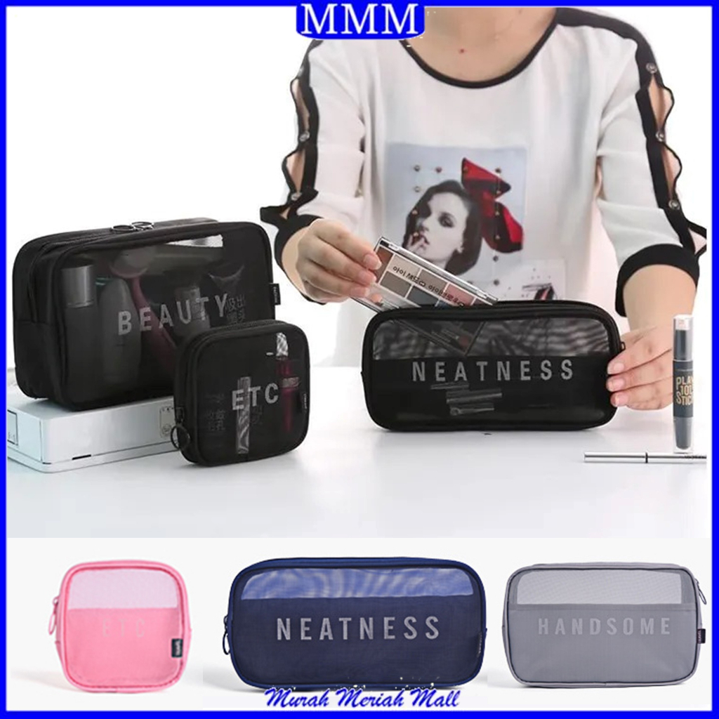 MMM Tas Kosmetik Traveling Model Jaring Transparan Pouch Travel Make Up Bag Organizer Dompet Kosmetik Toiletry Pouch Kosmetik Portable Murah Import