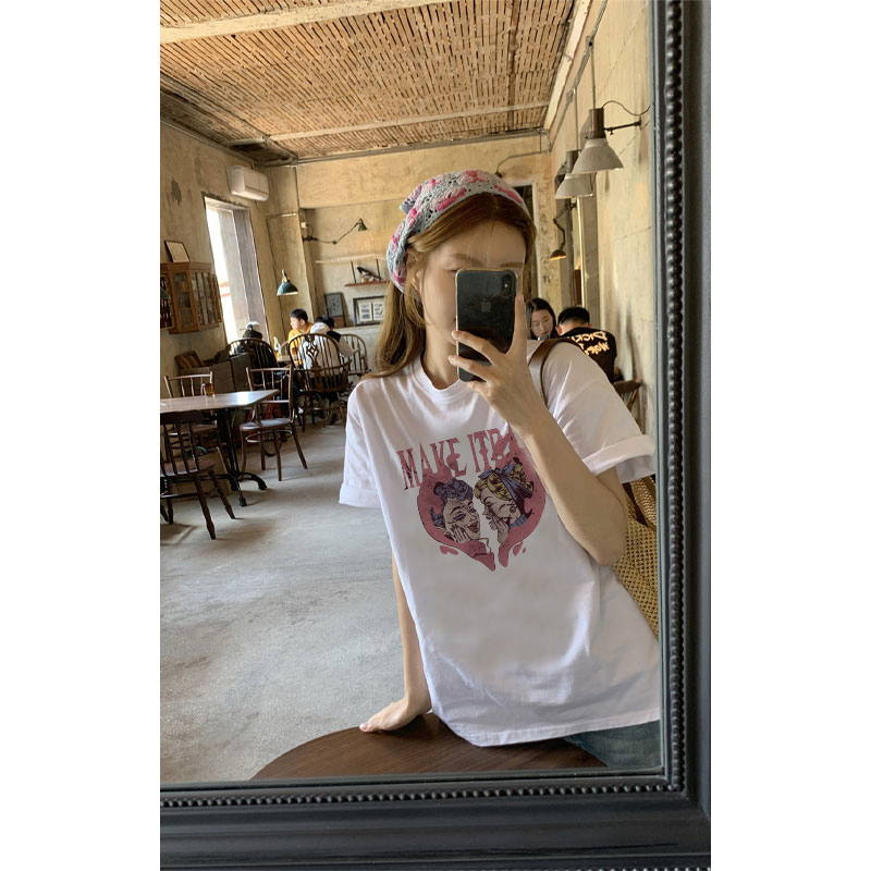 EUNII T-shirt Lengan Pendek Retro Pink Angle Heart Broke Printing Korean Style/Kaos Atasan Wanita/Baju Kaus Oversize Wanita/Kaos Wanita